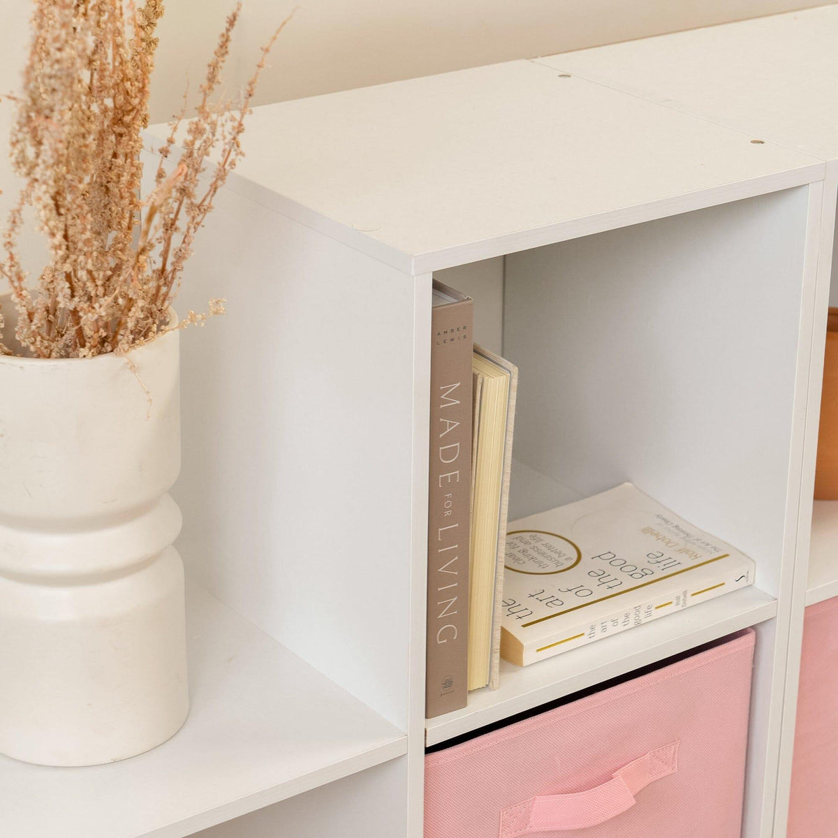 Cara 12 Cube Bookcase Ladder Storage Unit - Chalk White - Two 6 Cube Units - Pink Basket
