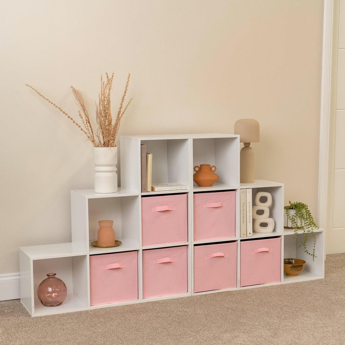 Cara 12 Cube Bookcase Ladder Storage Unit - Chalk White - Two 6 Cube Units - Pink Basket