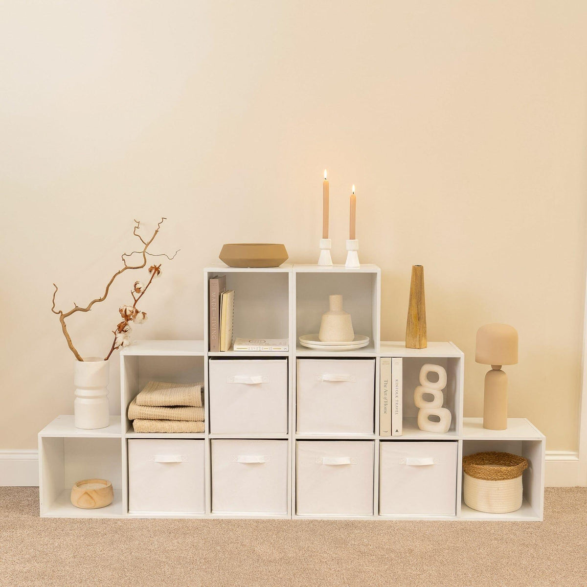Cara 12 Cube Bookcase Ladder Storage Unit - Chalk White - Two 6 Cube Units - White Basket