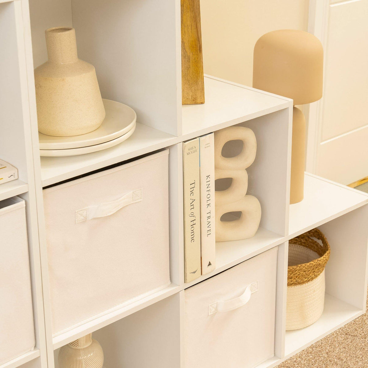 Cara 12 Cube Bookcase Ladder Storage Unit - Chalk White - Two 6 Cube Units - White Basket