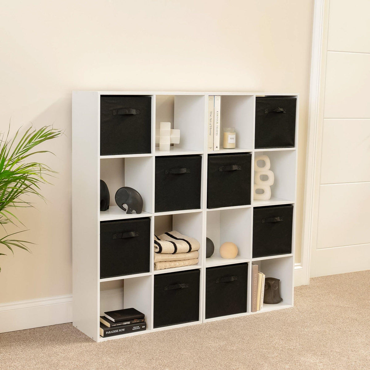 Cara 16 Cube Storage Unit - Chalk White - Two 8x2 Units - Black Basket