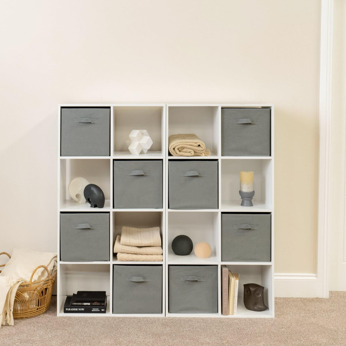 Cara 16 Cube Storage Unit - Chalk White - Two 8x2 Units - Grey Basket