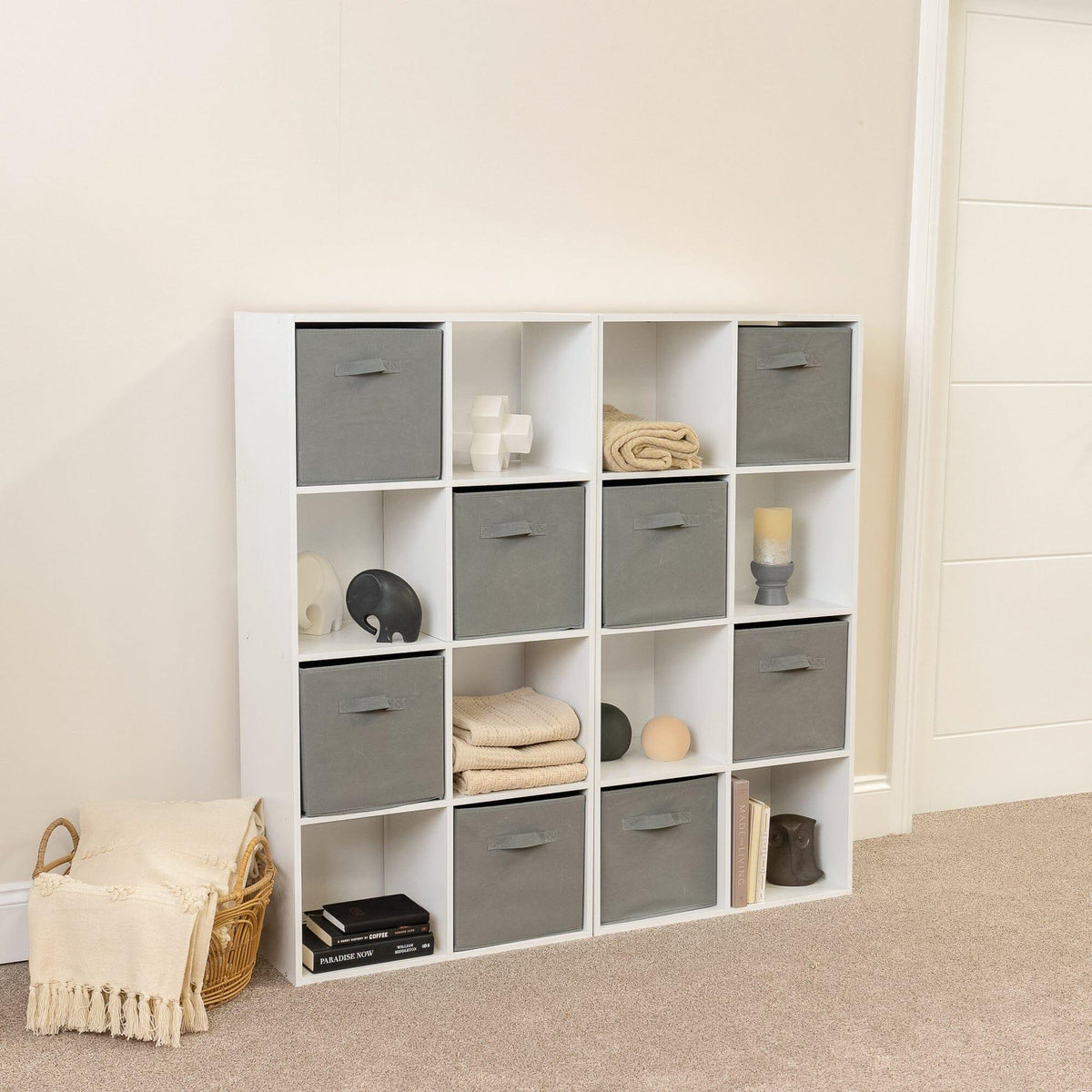 Cara 16 Cube Storage Unit - Chalk White - Two 8x2 Units - Grey Basket