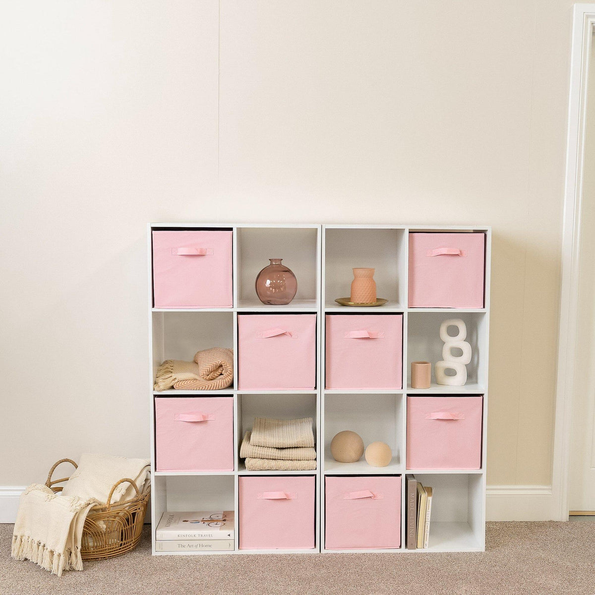 Cara 16 Cube Storage Unit - Chalk White - Two 8x2 Units - Pink Basket