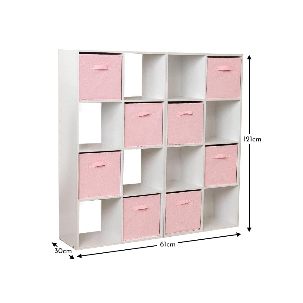 Cara 16 Cube Storage Unit - Chalk White - Two 8x2 Units - Pink Basket