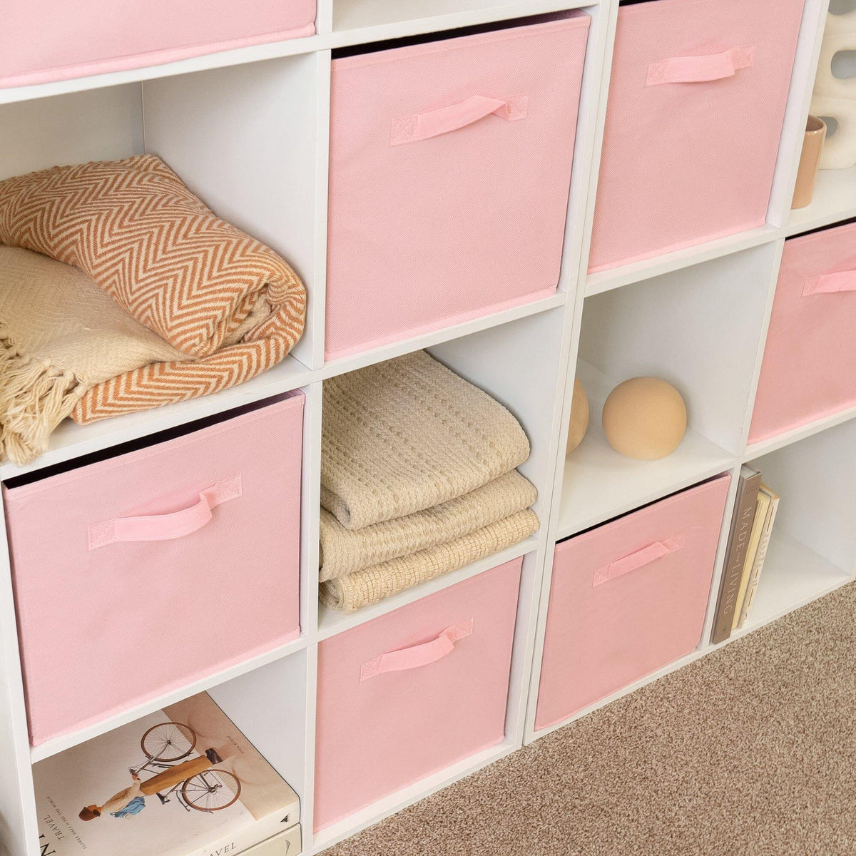 Cara 16 Cube Storage Unit - Chalk White - Two 8x2 Units - Pink Basket