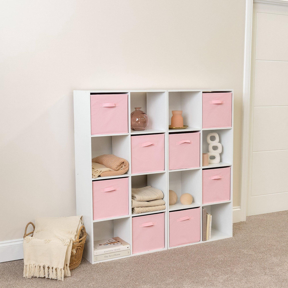 Cara 16 Cube Storage Unit - Chalk White - Two 8x2 Units - Pink Basket