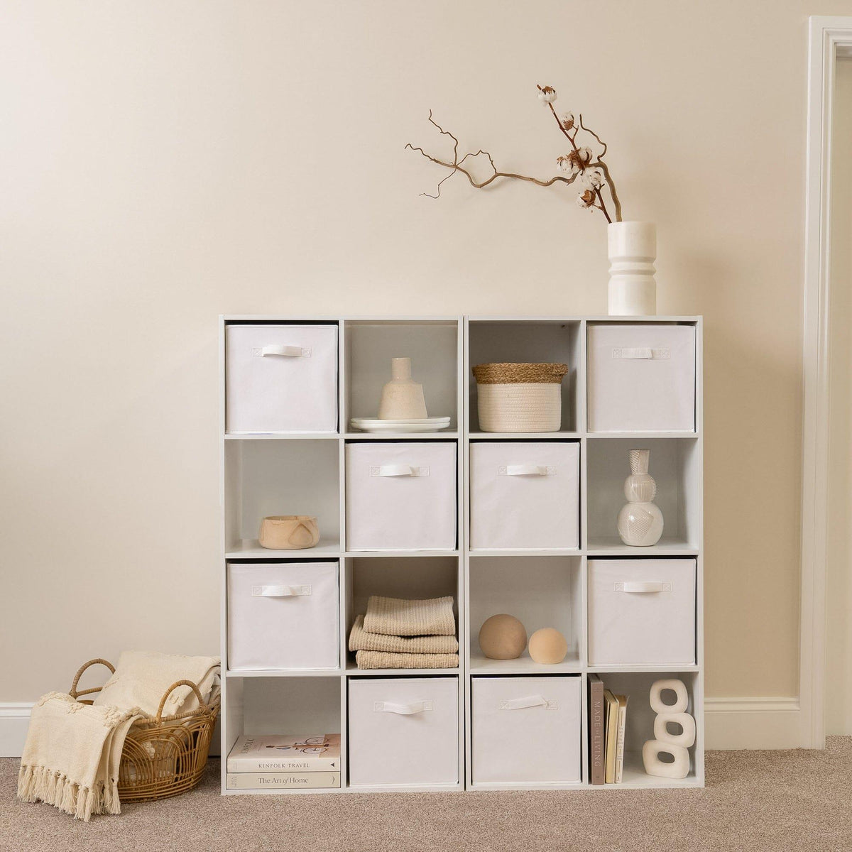 Cara 16 Cube Storage Unit - Chalk White - Two 8x2 Units - White Basket