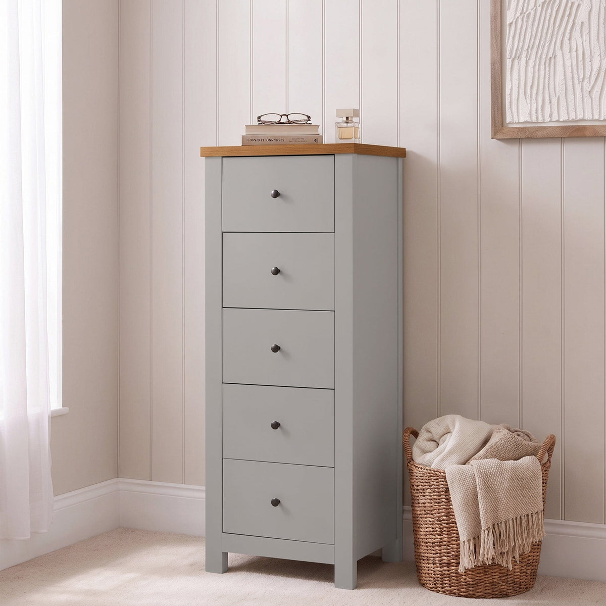 Bampton 5 Drawer Tallboy - Stone Grey