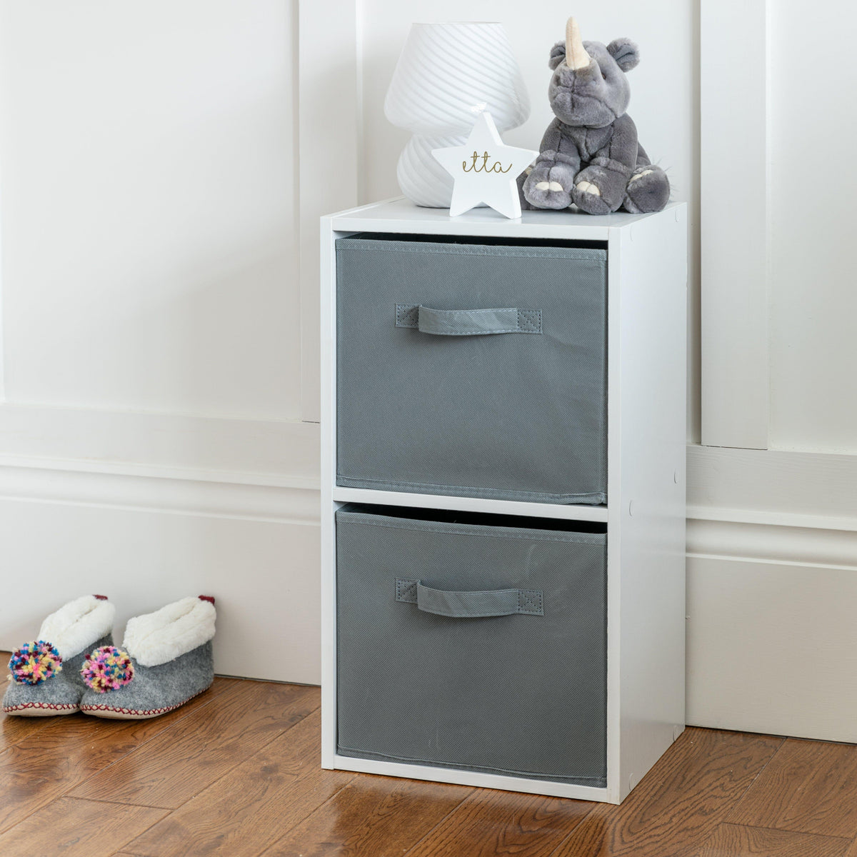 Cara 2 Tier Storage Unit / Chalk White Bookcase with Grey Boxes
