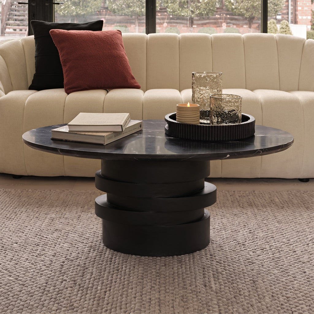 Adam 100cm Oval Jet Black Mango Wood & Black Marble Coffee Table