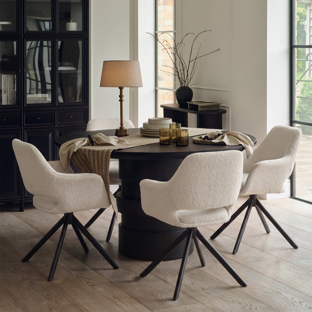 Adam Jet Black Mango Wood Round Dining Table Set - 4 Seater - Parker Snow White Boucle Chairs - Black Metal Legs