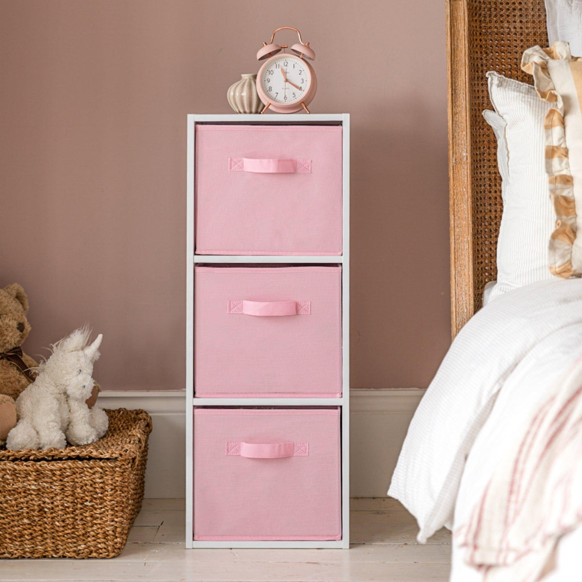 Cara 3 Tier Chalk White Bookcase Wooden Display Shelving Unit with Pink Storage Box
