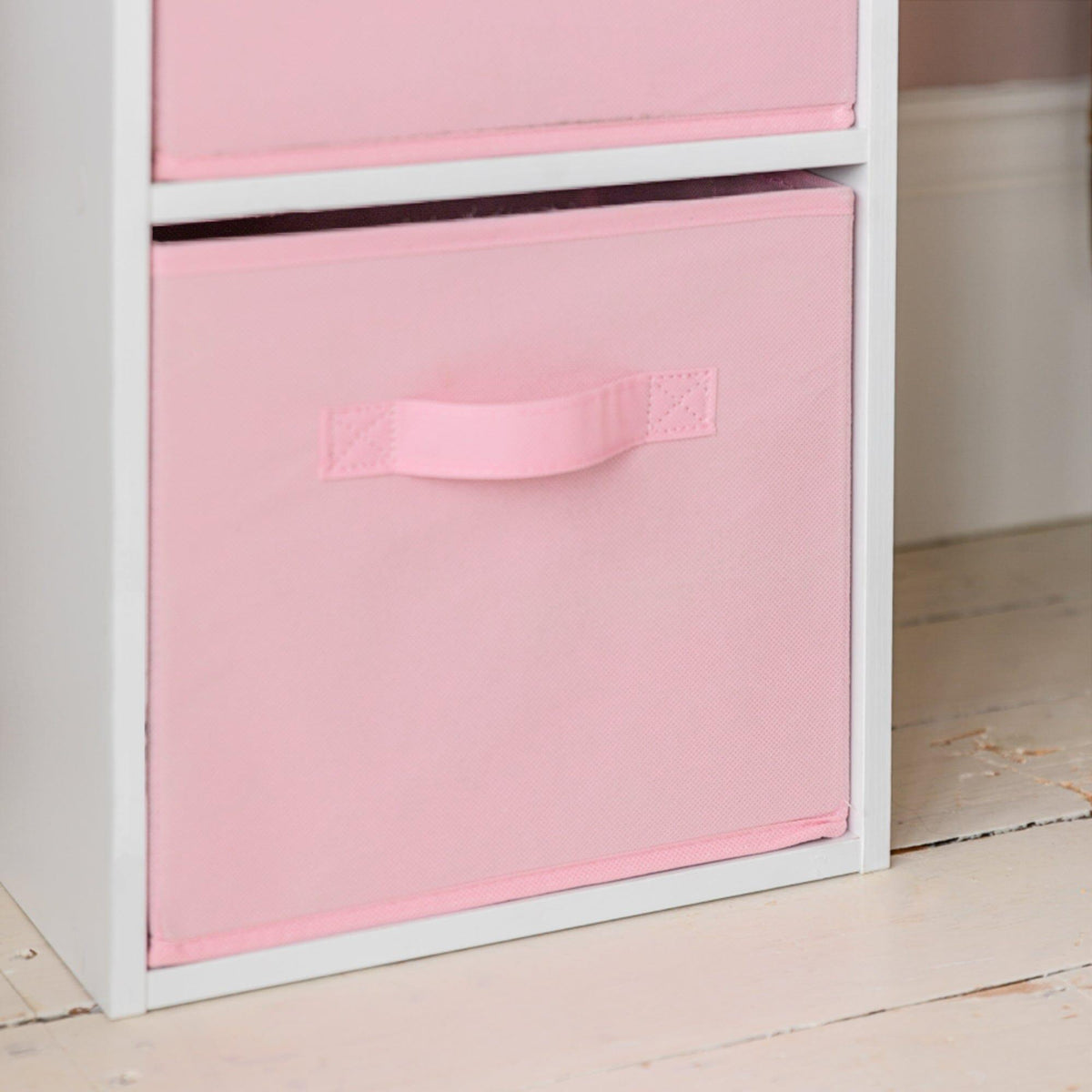 Cara 3 Tier Chalk White Bookcase Wooden Display Shelving Unit with Pink Storage Box