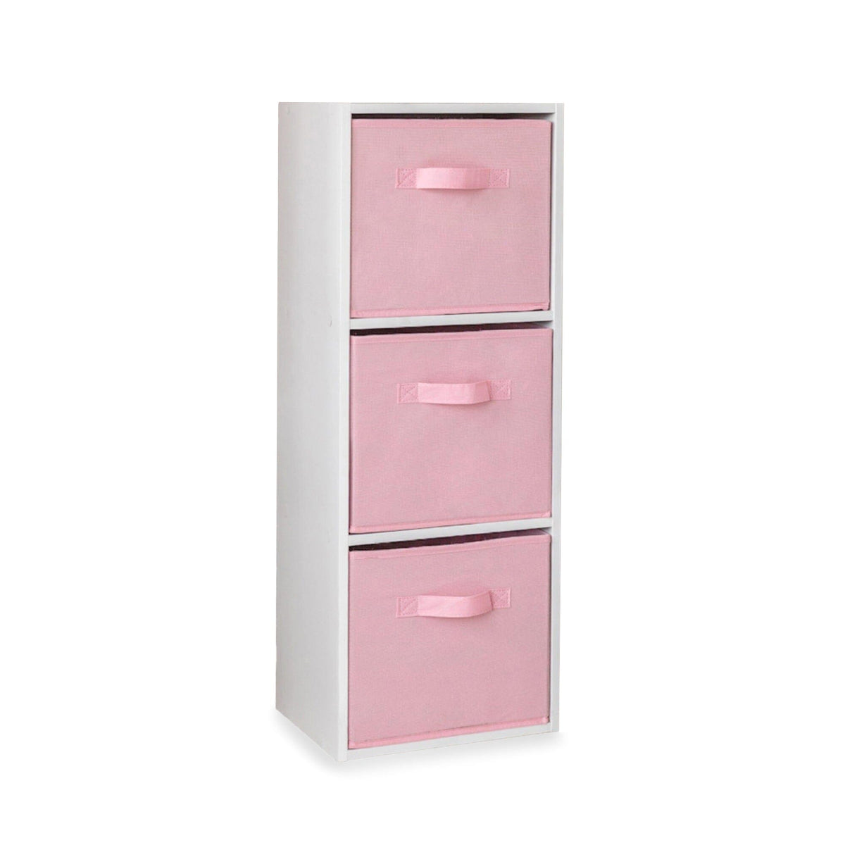 Cara 3 Tier Chalk White Bookcase Wooden Display Shelving Unit with Pink Storage Box