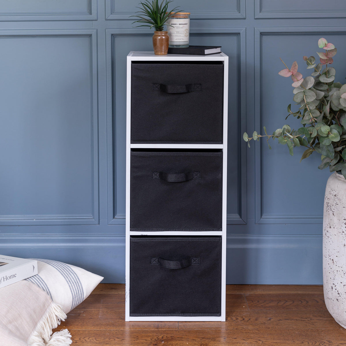 Cara 3 Tier Chalk White Cube Storage Unit - Black Baskets