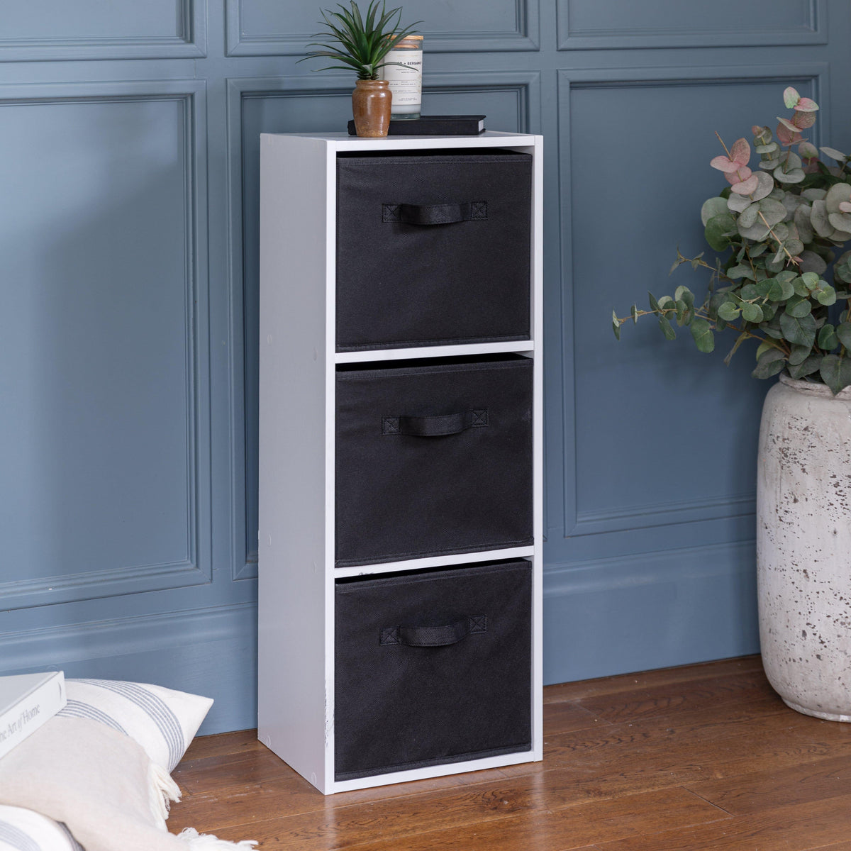 Cara 3 Tier Chalk White Cube Storage Unit - Black Baskets