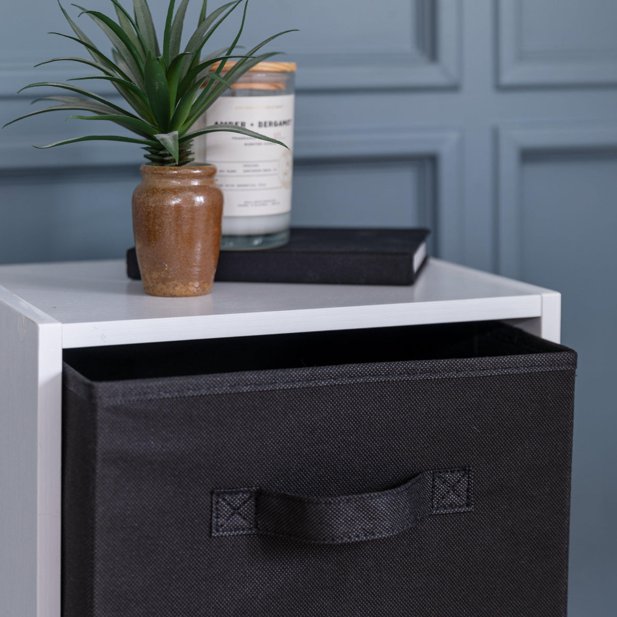 Cara 3 Tier Chalk White Cube Storage Unit - Black Baskets