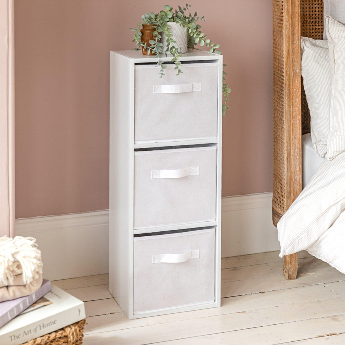 Cara 3 Tier Chalk White Cube Storage Unit - White Baskets