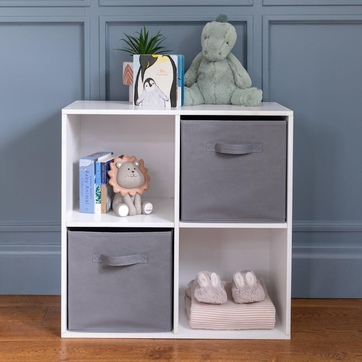 Cara 4 Cube Chalk White Bookcase Wooden Display Unit Shelving Storage Bookshelf Shelves - Grey Basket