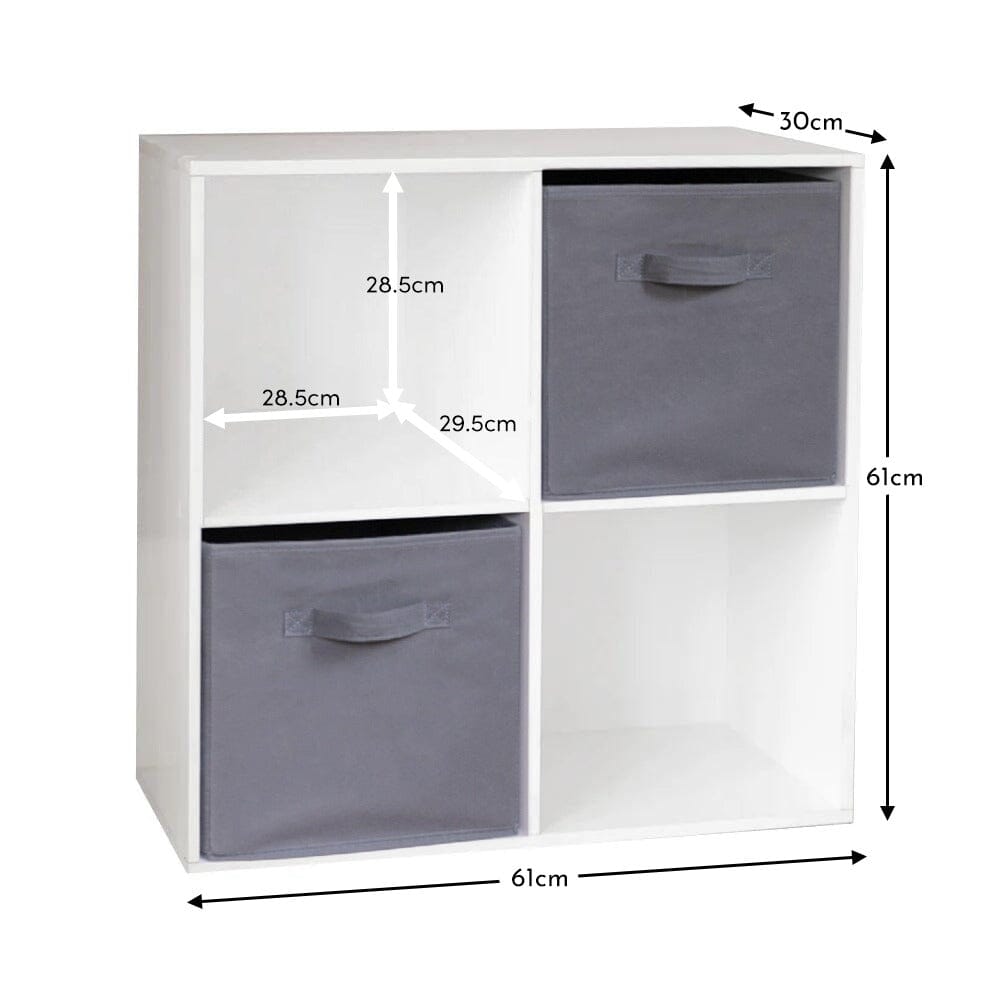 Cara 4 Cube Chalk White Bookcase Wooden Display Unit Shelving Storage Bookshelf Shelves - Grey Basket