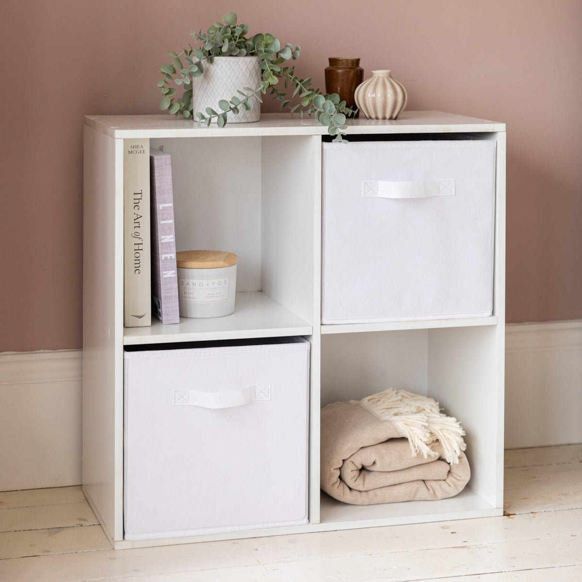 Cara 4 Cube Chalk White Bookcase Wooden Display Unit Shelving Storage Bookshelf Shelves - White Basket