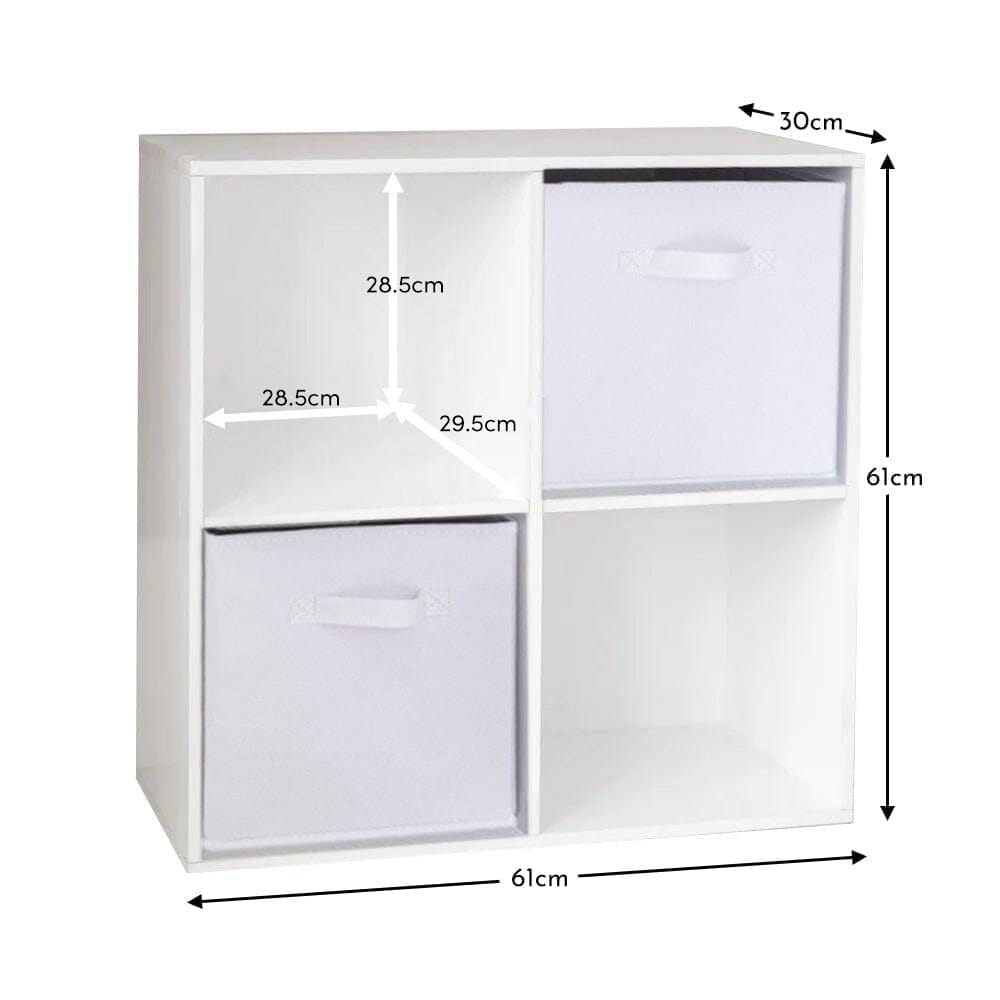 Cara 4 Cube Chalk White Bookcase Wooden Display Unit Shelving Storage Bookshelf Shelves - White Basket
