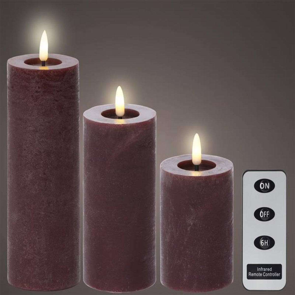 Samsta Battery Pillar Candles - Set of 3 - Burgundy Red