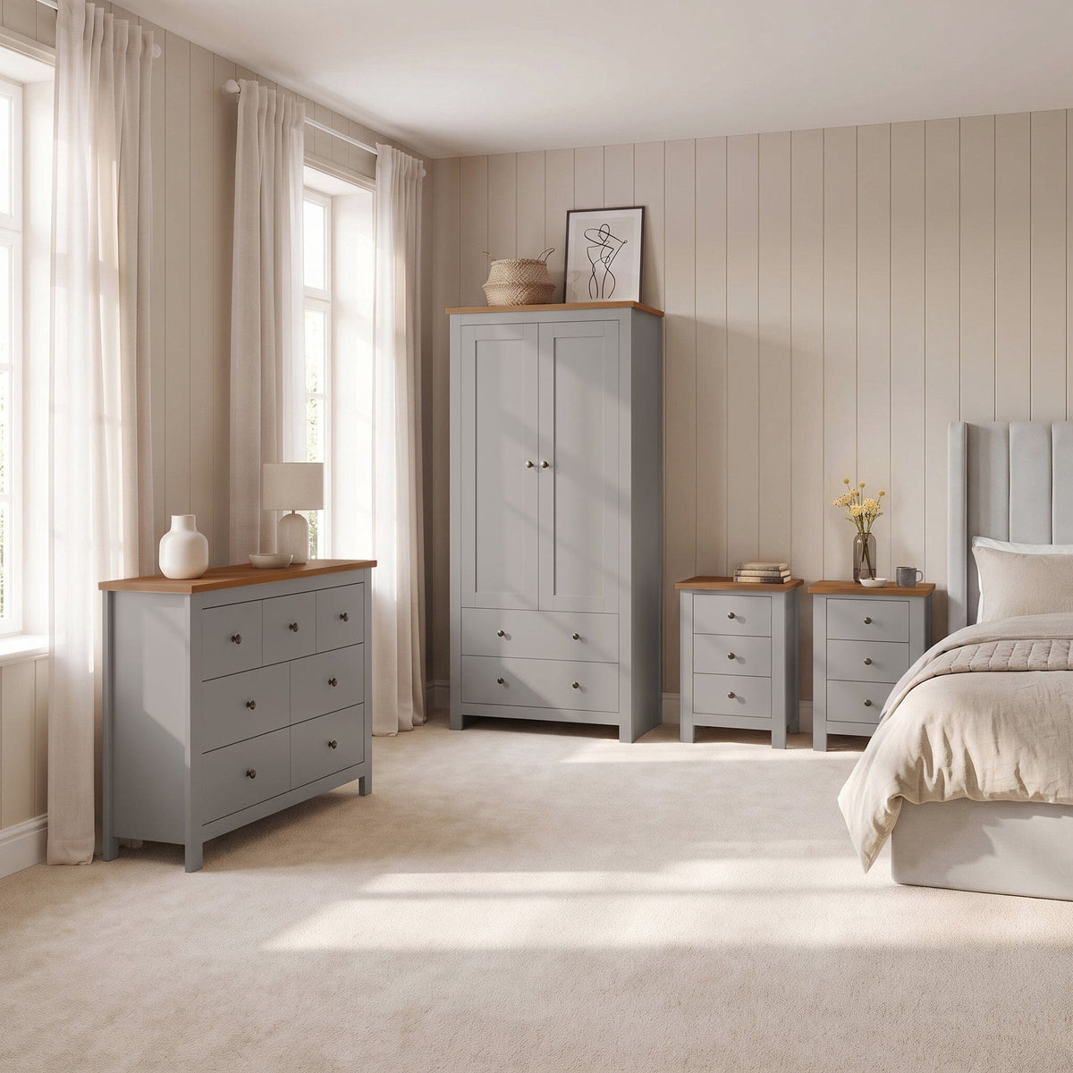 Bampton 4 Piece Bedroom Set - 3 Over 4 Chest of Drawers - Stone Grey