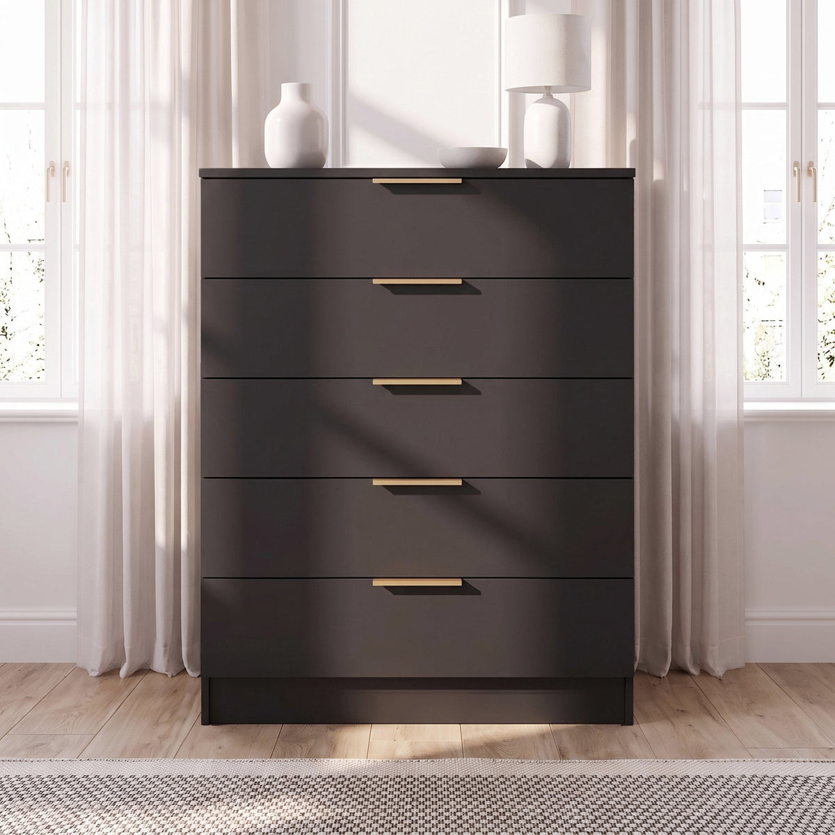 Essie 4 Piece Bedroom Set - 5 Chest of Drawers - Pitch Black