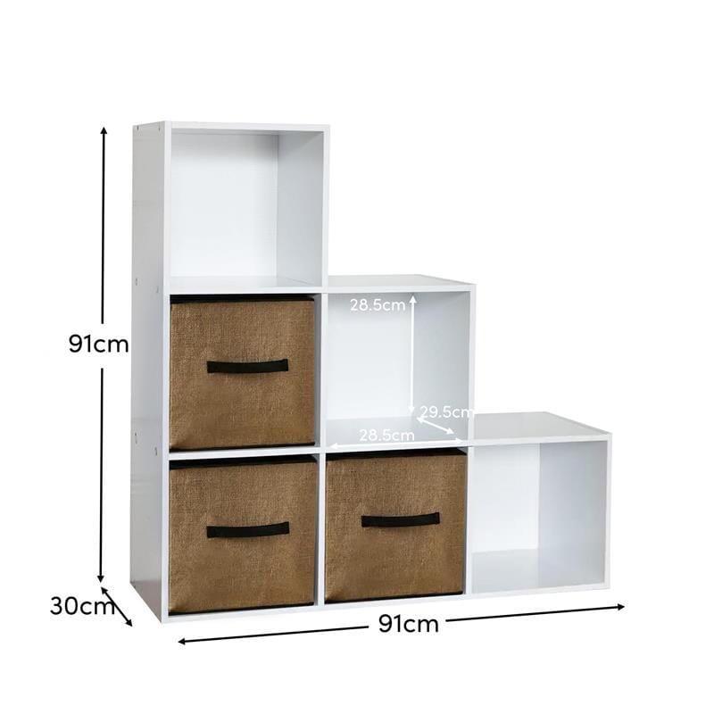 Cara 6 Cube Bookcase Ladder Storage Unit - Chalk White with Jute Boxes