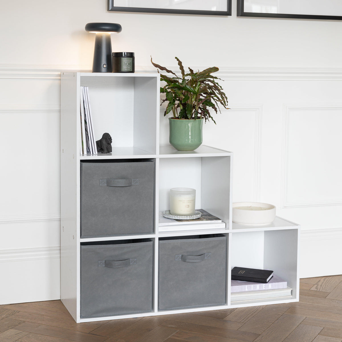 Cara 6 Cube Bookcase Ladder Storage Unit - Chalk White with Grey Boxes