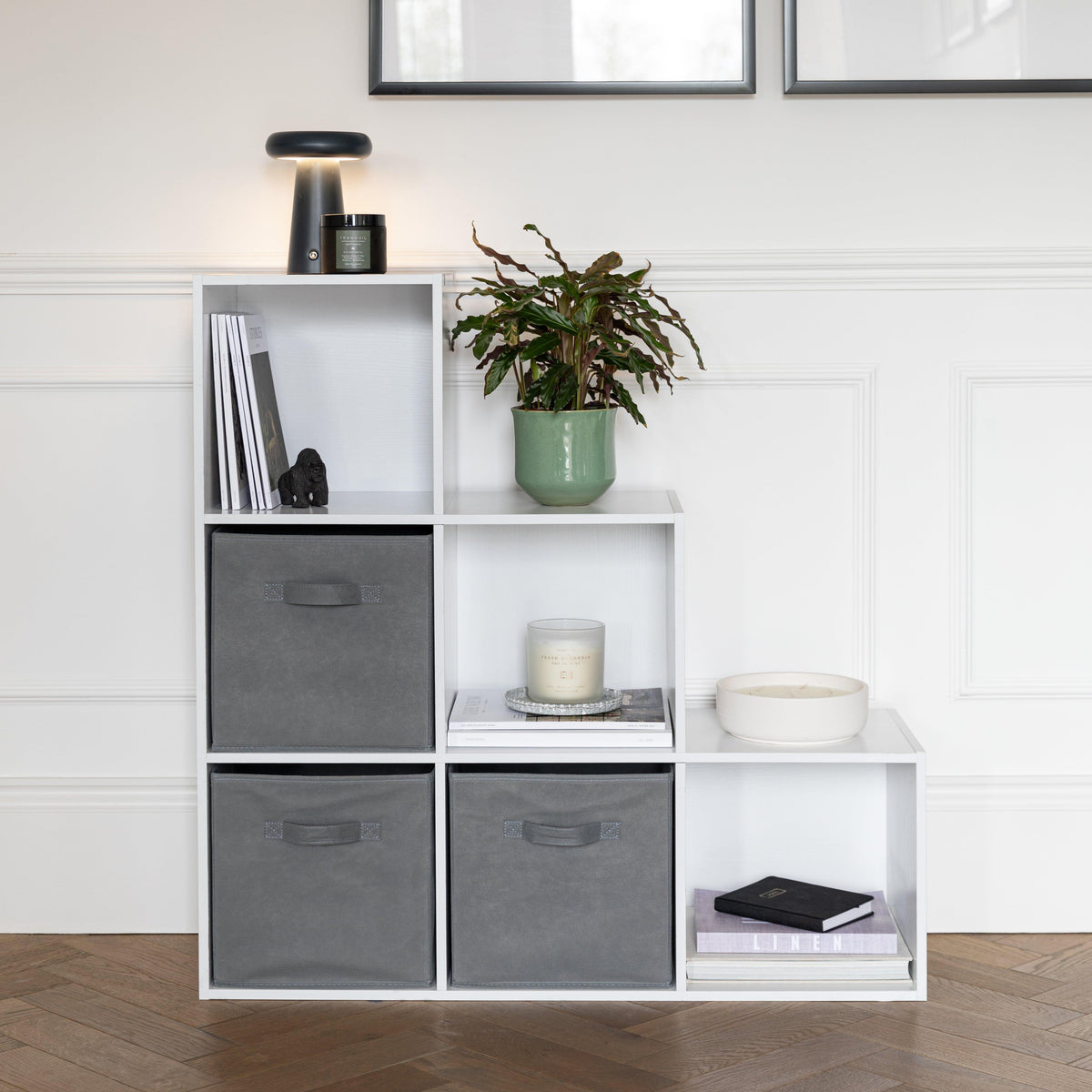 Cara 6 Cube Bookcase Ladder Storage Unit - Chalk White with Grey Boxes