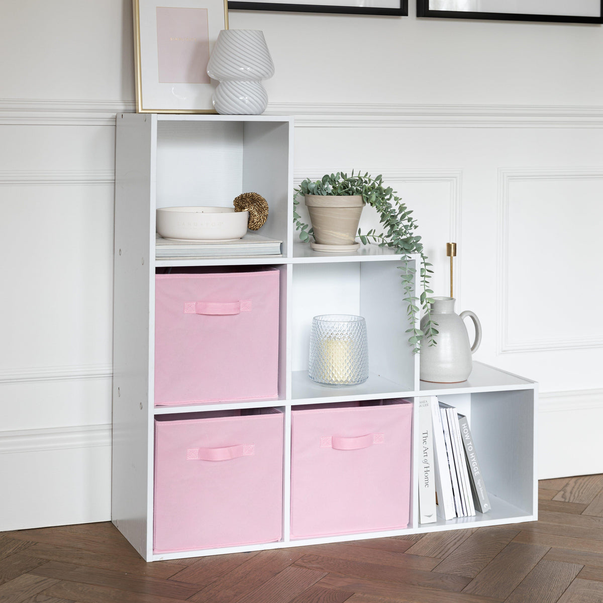 Cara 6 Cube Bookcase Ladder Storage Unit - Chalk White with Pink Boxes