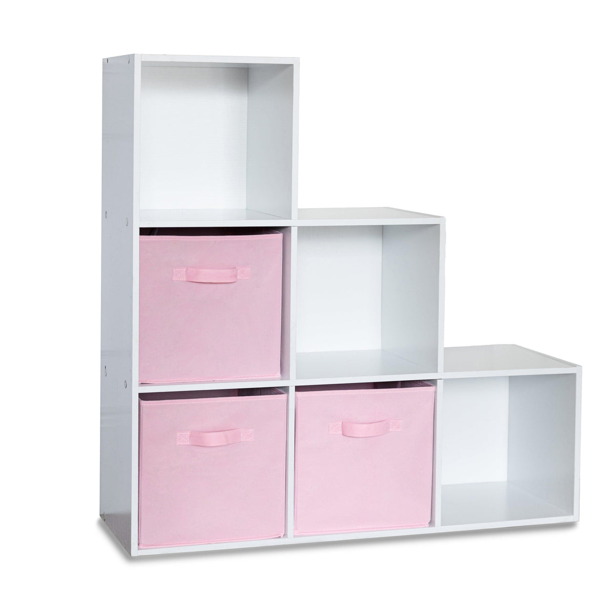 Cara 6 Cube Bookcase Ladder Storage Unit - Chalk White with Pink Boxes