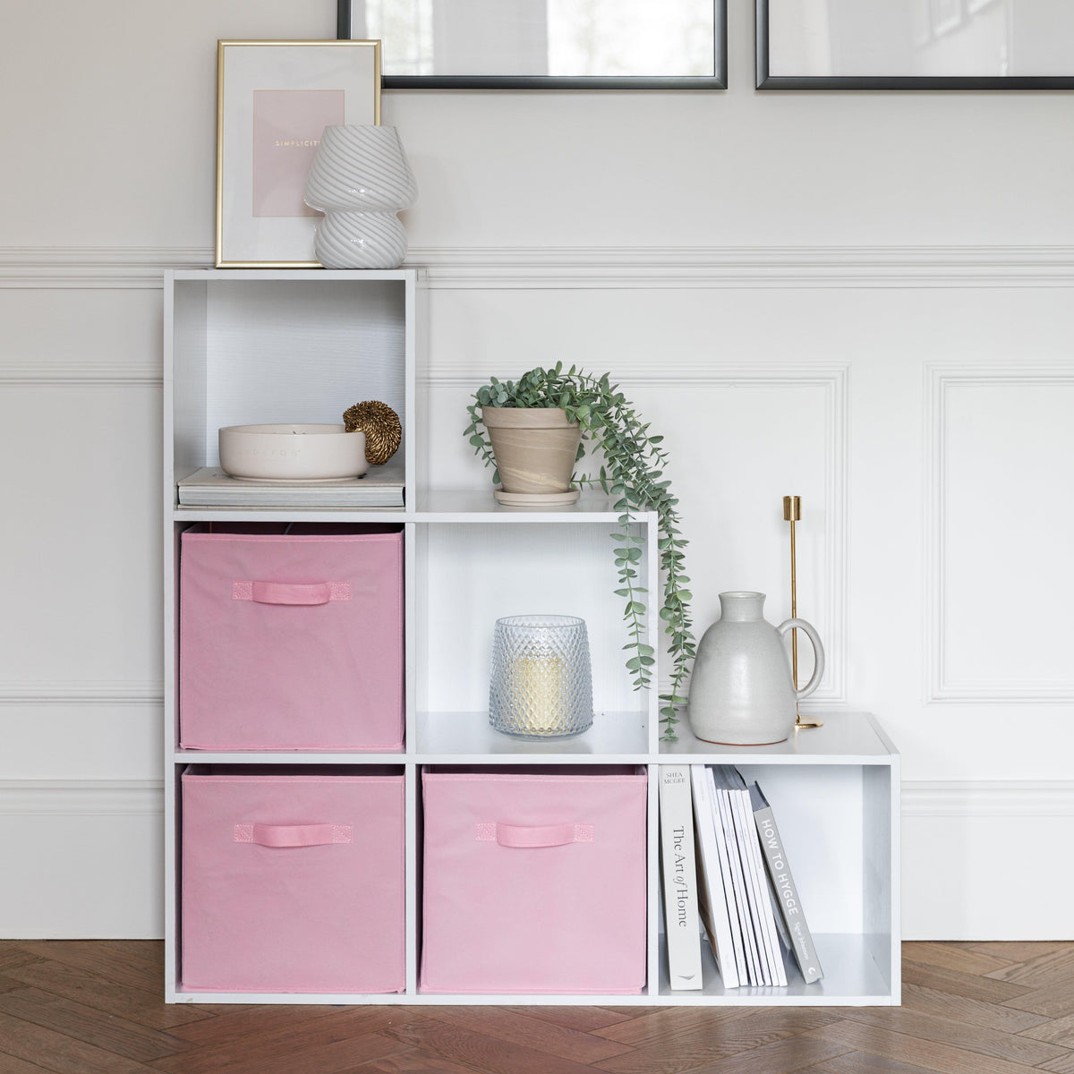 Cara 6 Cube Bookcase Ladder Storage Unit - Chalk White with Pink Boxes