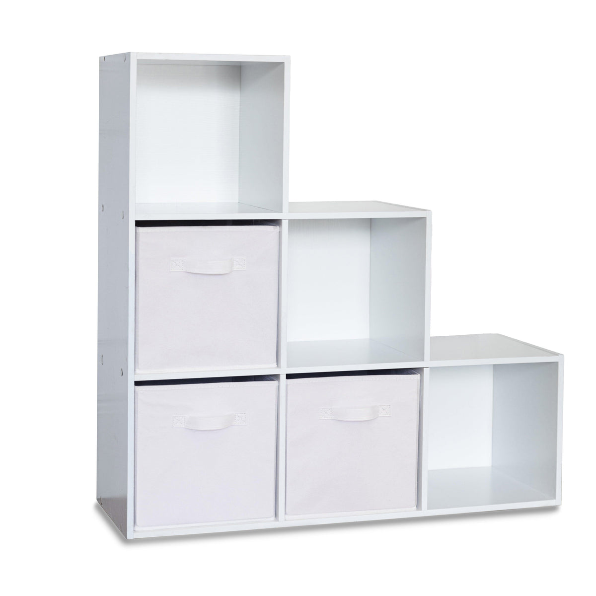 Cara 6 Cube Bookcase Ladder Storage Unit - Chalk White with White Boxes