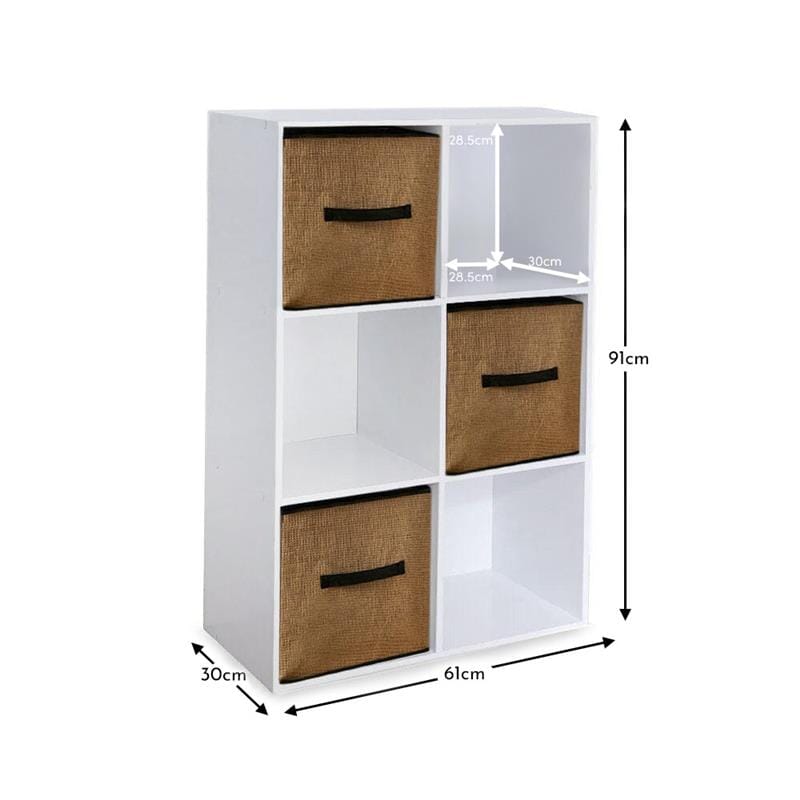 Cara 6 Cube Chalk White Bookcase Wooden Display Unit Shelving Storage Bookshelf Shelves - Jute Natural Basket