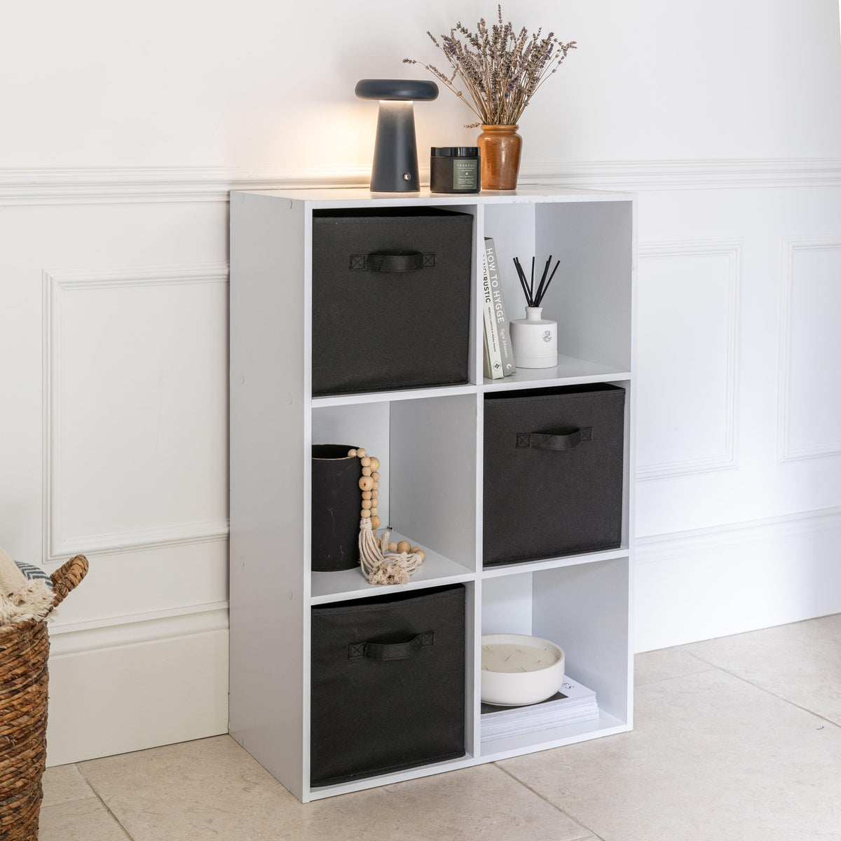 Cara 6 Cube Chalk White Bookcase Wooden Display Unit Shelving Storage Bookshelf Shelves - Black Basket