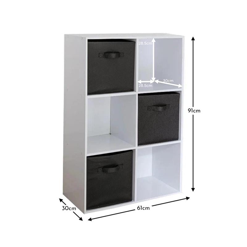 Cara 6 Cube Chalk White Bookcase Wooden Display Unit Shelving Storage Bookshelf Shelves - Black Basket