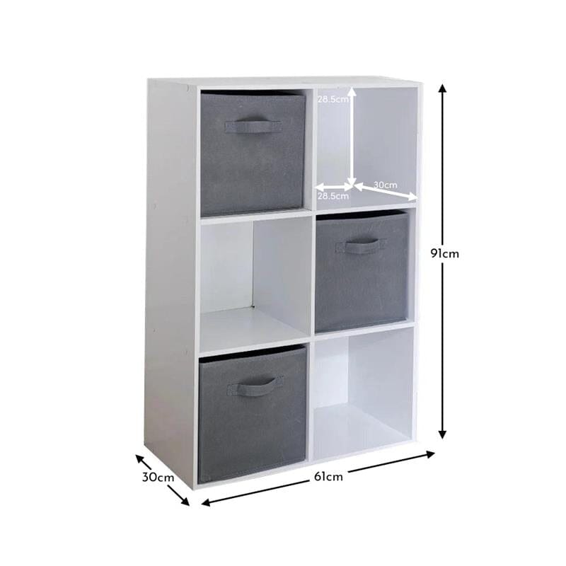 Cara 6 Cube Chalk White Bookcase Wooden Display Unit Shelving Storage Bookshelf Shelves - Grey Basket