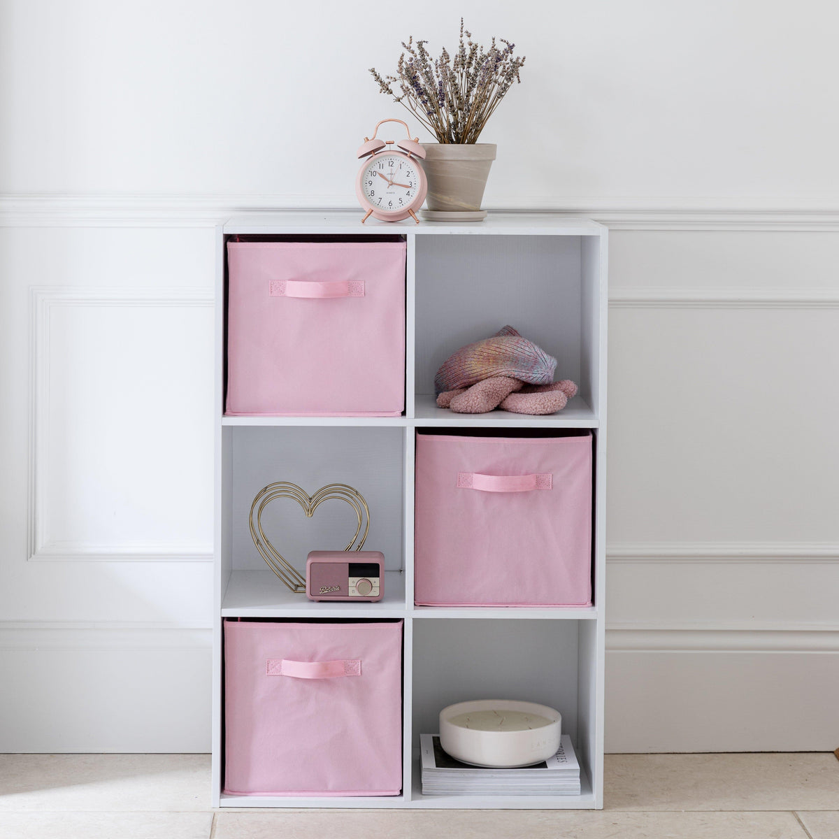 Cara 6 Cube Chalk White Bookcase Wooden Display Unit Shelving Storage Bookshelf Shelves - Pink Basket