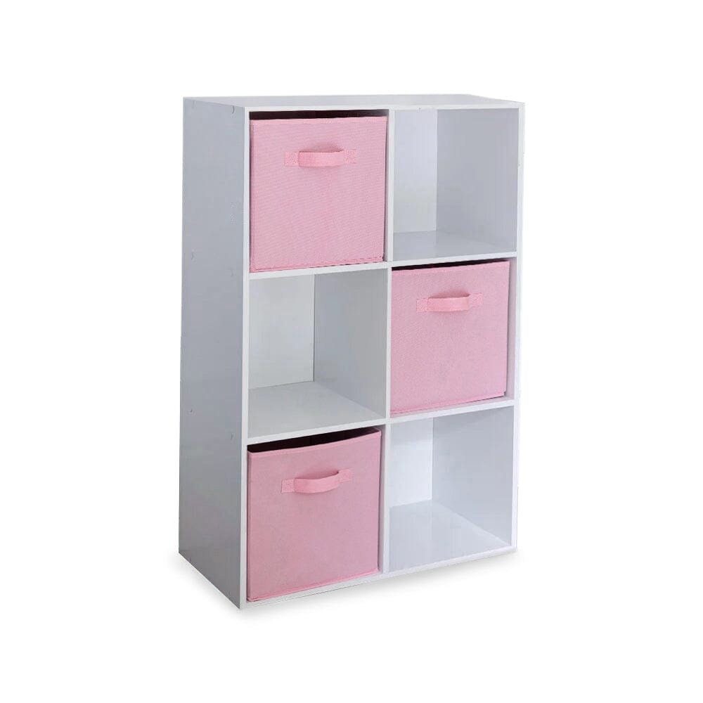 Cara 6 Cube Chalk White Bookcase Wooden Display Unit Shelving Storage Bookshelf Shelves - Pink Basket