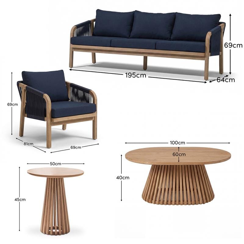 Shiro Wooden Garden Set with 3 Seater Sofa - 2 Shiro Navy Armchairs - Willow Coffee & Side Table