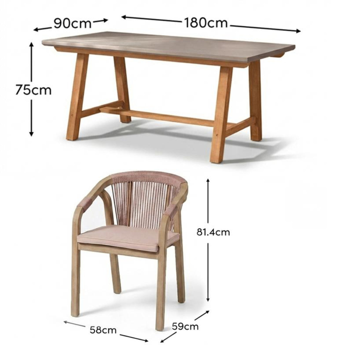 Shiro Pale Grey Concrete Dining Table Set - 6 Seater - Shiro Pink Rope Dining Chairs