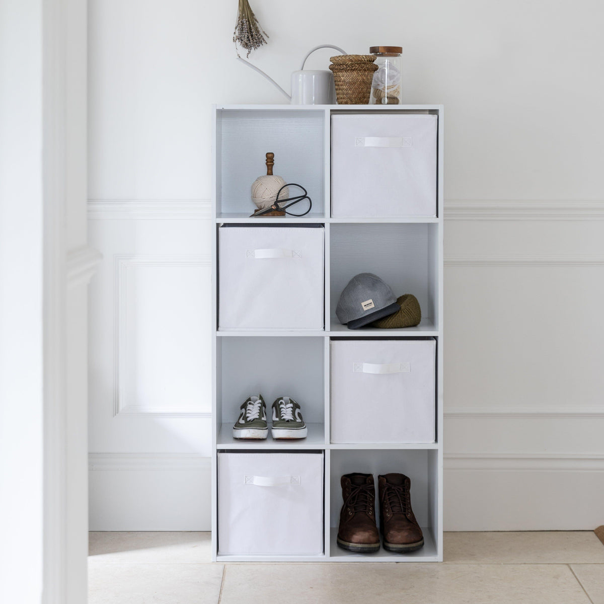 Cara 8 Cube Shelf Unit & 4 Chalk White Handled Box Drawers