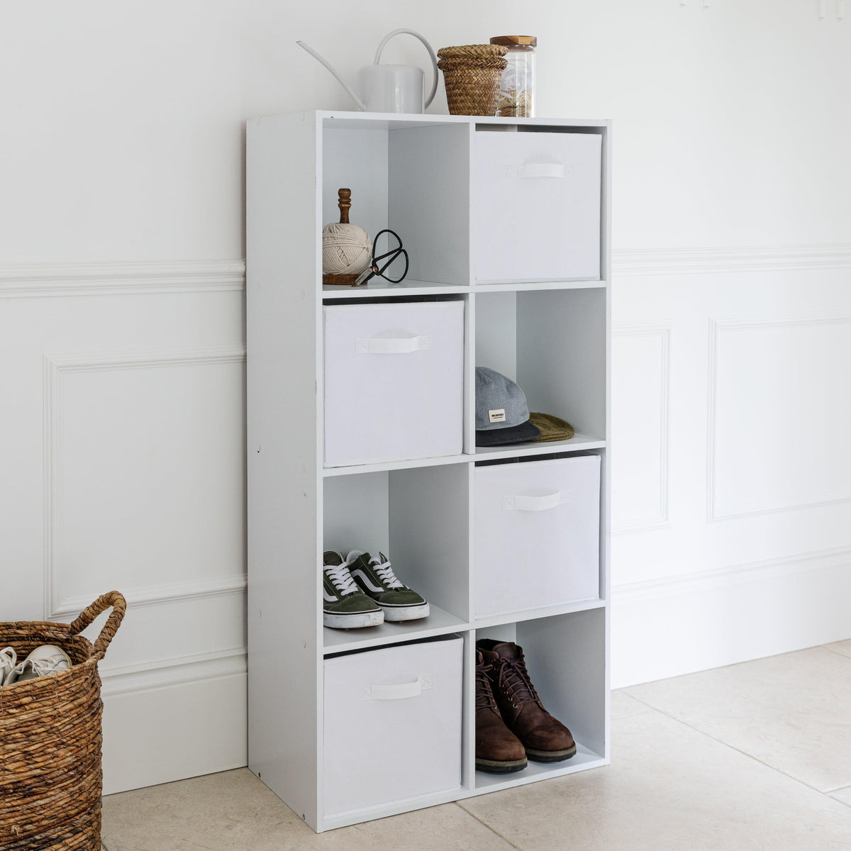 Cara 8 Cube Shelf Unit & 4 Chalk White Handled Box Drawers
