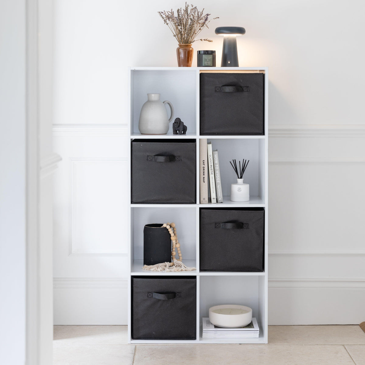 Cara 8 Cube Storage Unit in Chalk White & 4 Black Handled Box Drawers