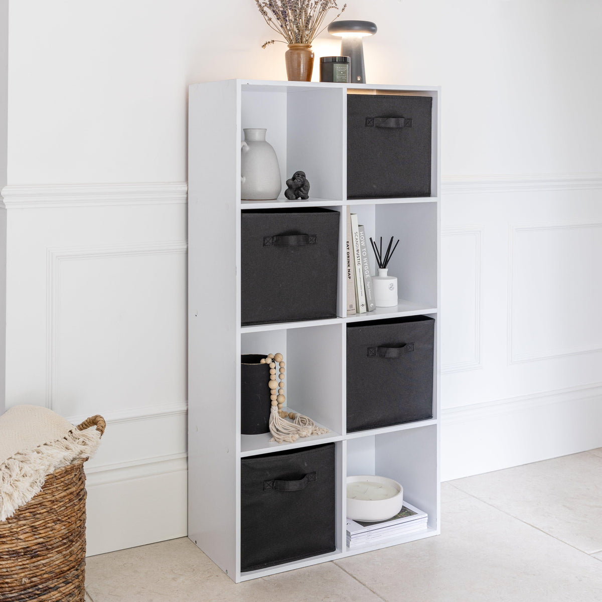 Cara 8 Cube Storage Unit in Chalk White & 4 Black Handled Box Drawers