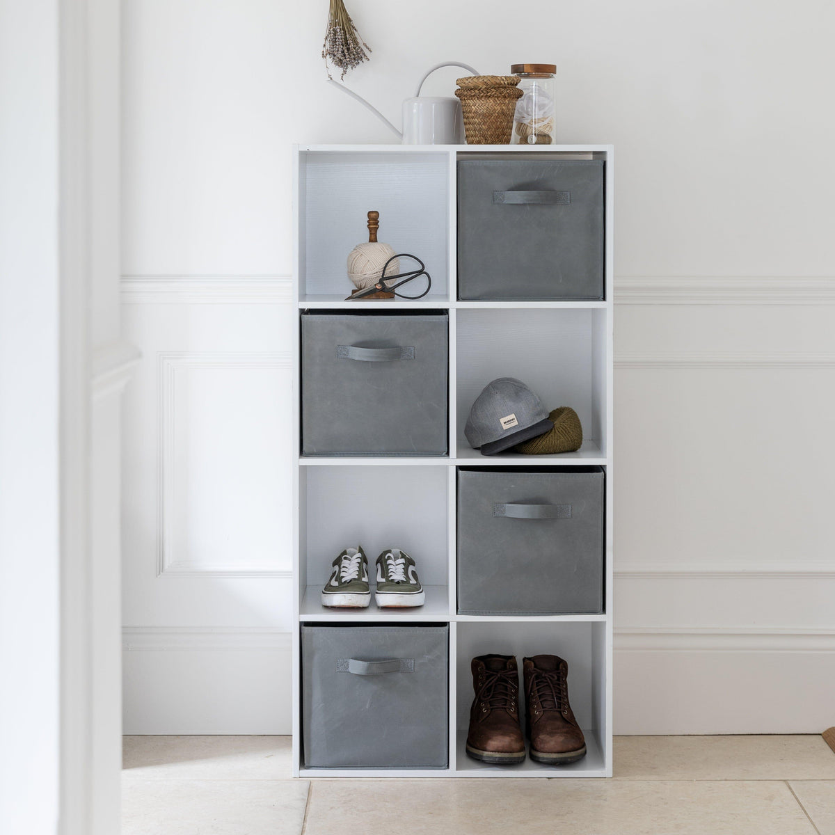 Cara 8 Cube Storage Unit in Chalk White & 4 Grey Handled Box Drawers